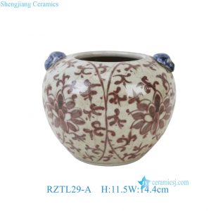 RZTL29-A Antique Style Crackle Glaze Mini Jar with Animal Head Handles Brown Floral Ceramic Jar