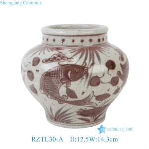 RZTL30-A Small Chinese Crackle Glaze Porcelain Jar with Fish Pattern Antique Reproduction Art Table Vases