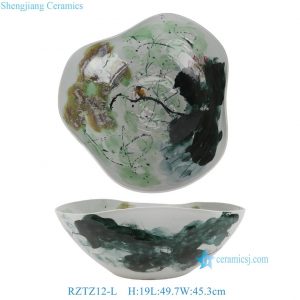 RZTZ12-L Hand-painted Art Ink Wash Style Irregular Rim Planter Underglaze Painting Art Fish Bowl