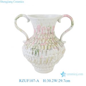 RZUF107-A Cream Style Textured Ceramic Double-handled Amphora Vase with Pastel Pink & Green Glaze