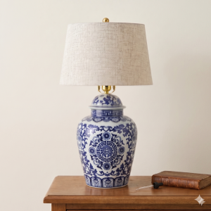 DS-RXCM20-A Blue and White Chinoiserie Ginger Jar Ceramic Table Lamp with Linen Shade