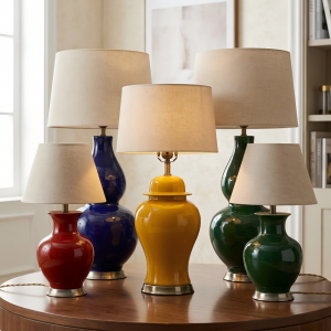 DS-RYDB Series Vintage Solid Color Round Gourd Shape Porcelain Table Lamp for Bedroom Desk, Elegant Home Decor