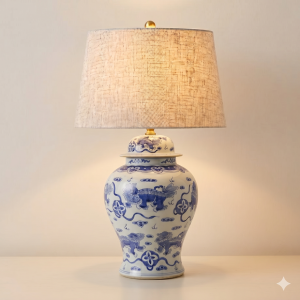 DS-RZKY42-A Blue and White Chinoiserie Foo Dog Lion Ginger Jar Table Lamp with Linen Shade
