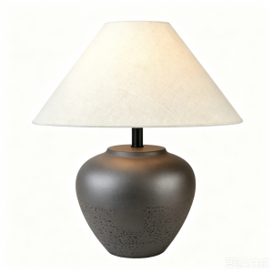 DS-RZMY112-A-L-S Dark Gray Textured Ceramic Pot Table Lamp with Linen Tapered Shade
