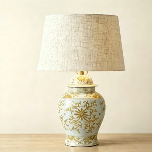 DS-RZTL35-B Jingdezhen New Chinoiserie Yellow White Floral Temple Jar Table Lamp with Linen Shade