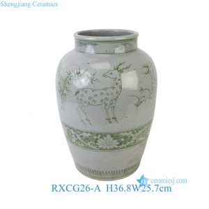 RXCG26-A Hand Painted Crackle Glaze Green White Deer & Bamboo Motif Ceramic Porcelain Vase Floral Arrangement