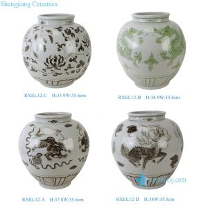 RXEL12-A-B-C-D Brown and White Rustic color Green color Dragon Lion Twisted leaf Qilin Pattern Ceramic Pot Jar