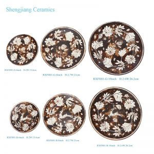 RXFH01-B-G Chinoiserie Hand Painted Brown White Flower Lotus Deer Pattern Porcelain Plate