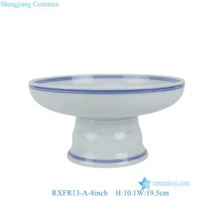 RXFR13-A-8inch Jingdezhen Footed Fruit Plate with Double Blue Rim Dishwasher Safe