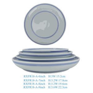 RXFR18-A-6inch-7inch-8inch-9inch Machine Washable Ceramic Deep Plates with Double Blue Rim Sizes 6" to 9"
