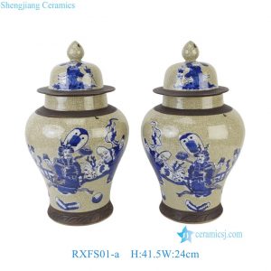 RXFS01-a Classic Crackle Glaze Blue White Figure Porcelain Temple Jar Chinoiserie Home Decoratove Ginger Jars