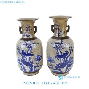 RXFS01-b Jingdezhen Crackle Porcelain Vase with Twin Handles Oriental Handpainted Bird Flower Floral Urns