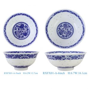 RXFX01-A-5inch-6inch Chinoiserie Blue and White Peony Floral Scroll Rice Grain Porcelain Bowl