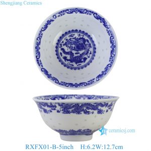 RXFX01-B-5inch Durable Chinoiserie Blue and White Dragon Rice Grain Porcelain Bowl