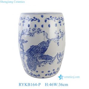RYKB164-P Chinoiserie Blue White Porcelain Drum Stool Gardem Stool with Peacock Motif Side Table