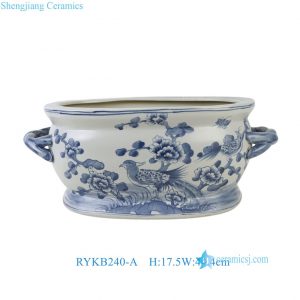 RYKB240-A Wholesales New Blue White Flower Birds Pattern Porcelain Oval Footbath Plant Planter Flower Pots for Home Decor Garden