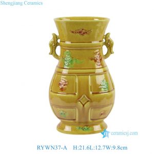 RYWN37-A Wholesale Antique Chinese Sancai Ceramic Vase Yellow Glazed Flower Pot with Handles Oriental Home Decor