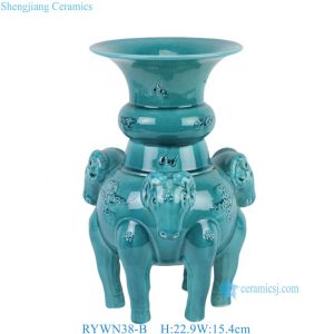RYWN38-B Peacock Green Glazed Four Ram Ceramic Figurine Traditional Oriental Animal Shape Fine Sculptures