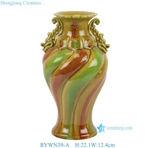RYWN39-A Vintage Chinese Sancai Spiral Ribbed Ceramic Vase Fluted Yellow Green Glaze Floral Pot with Handles