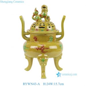 RYWN43-A Wholesale Chinese Antique Style Ceramic Incense Burner Yellow Sancai Glaze Tripod Censer with Lion Lid Decor