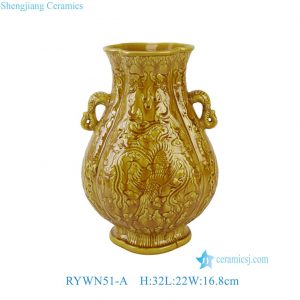 RYWN51-A Imperial Yellow Glazed Phoenix Relief Ceramic Vase with Elephant Handles