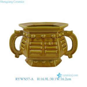 RYWN57-A Traditional Yellow Glaze Ceramic Incense Burner Double Ear Carved Traditional Taoist Bagua Basin Bowl