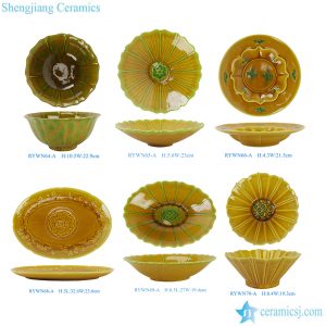 RYWN Traditional Chinese Amber Yellow Glazed Ceramic Tablewares Retro Elegant Exquisite Embossed Floral Patterns Porcelain Dishes