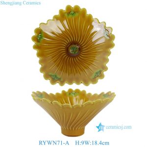 RYWN71-A High Quality Luxury Yellow Glazed Fluted Flower-Shaped Ceramic Bowl with Embossed Green Cloud Motifs
