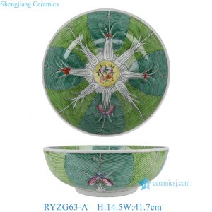 RYZG63-A Antique Popular Hand Painted Large Green & White Bok Choy Cabbage Leaf Pattern Porcelain Decorative Serving Bowl