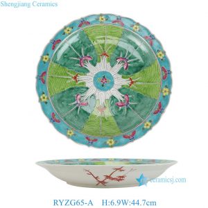 RYZG65-A Wholesale Hand Painted Large Famille Rose Bok Choy Cabbage & Butterfly Pattern Porcelain Serving Platter Decorative Plate