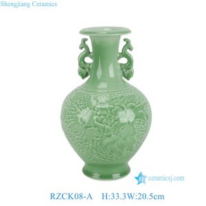 RZCK08-A Chinoiserie Celadon Green Embossed Peony Pattern Double-Handled Ceramic Vase
