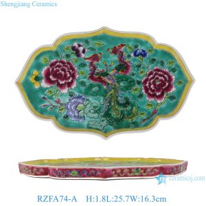 RZFA74-A Hand Painted Nyonya / Peranakan Turquoise Ground Famille Rose Phoenix & Peony Lobed Tray