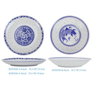 RZHX06-A-6inch-8inch-B Chinoiserie Durable High Fired Blue and White Linglong Rice Grain Porcelain Plate