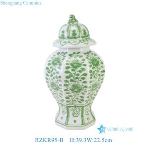 RZKR95-B Jingdezhen Hand-Painted Green Ceramic Temple Jar with Lid Oriental Floral Porcelain Lidded Ginger Jar