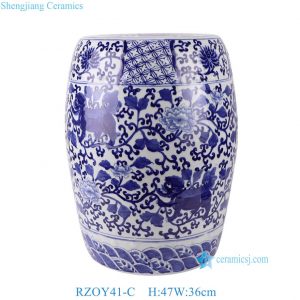 RZOY41-C Blue and White Chinoiserie Ceramic Garden Stool with Foo Dog & Floral Motif