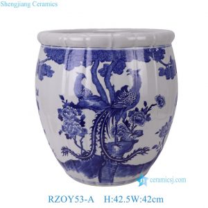 RZOY53-A Large Chinoiserie Blue and White Phoenix & Peony Pattern Ribbed Ceramic Fish Bowl Flowerpots