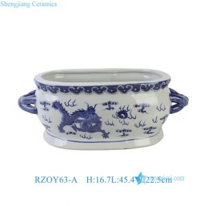 RZOY63-A Antique Blue and White Ceramic Flower Pot Traditional Imperial Dragon Oval Shape Planter Pot