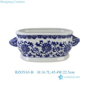 RZOY63-B Chinoiserie Blue and White Porcelain Planter Oval Ceramic Scroll Lotus Ceramic Flower Pot with Handles