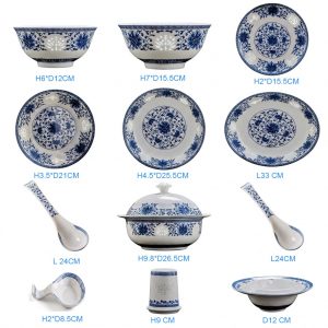 RZRT61 Series Chinoiserie Durable High Fired Blue and White Floral Scroll Rice Grain Porcelain Dinnerware Set