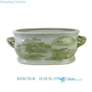 RZSC20-B Vintage Large Green and White Ceramic Flower Basin Double Ear Oriental Scenery Planter Flower Pot
