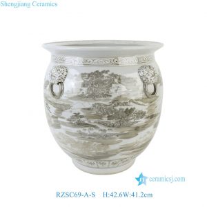 RZSC69-A-S 43cm Brown and white Chinoiserie Landscape Ceramic Large Flower Pot with Animal Handle