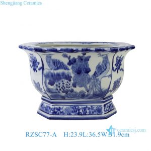 RZSC77-A Oriental Ceramic Planter Traditional Floral Bird Design Octagonal Blue and White Porcelain Flower Bowl Pots