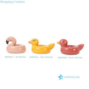 RZTO105-A-RZTO106-A-B  Glossy Glazed Ceramic Flamingo & Duck Floatie Figurines