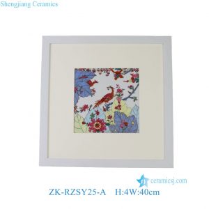 ZK-RZSY25-A Framed Colorful Peacock & Floral Ceramic Tile Art Wall Decor