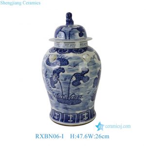 RXBN06-I Vintage Blue & White Lotus Leaf Ceramic Ginger Jar, Traditional Oriental Temple Jar for Living Room Tabletop Decor