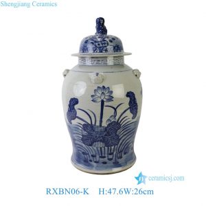 RXBN06-K Elegant Blue and White Lotus Porcelain Temple Jar, Chinoiserie Ceramic Ginger Jar with Foo Dog Lid for Living Room