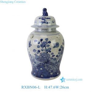RXBN06-L Chinoiserie Blue and White Peacock Peony Porcelain Temple Jar with Lion Finial Lid & Beast Head Handles