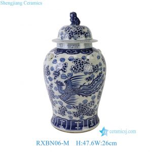 RXBN06-M Chinoiserie Blue and White Porcelain Temple Jar Traditional Phoenix Mortif Ceramic Ginger Jar for Living Room