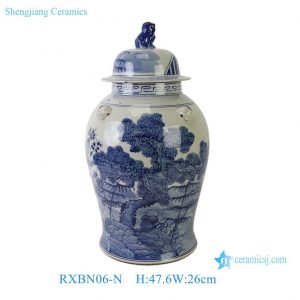 RXBN06-N Chinoiserie Distressed Blue and White Pine Bamboo Plum Porcelain Temple Jar with Lion Finial Lid
