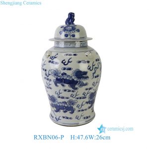 RXBN06-N Chinoiserie Distressed Antique Imitation Blue White Foo Lion Kylin Pattern Porcelain Temple Jar with Lion Finial Lid